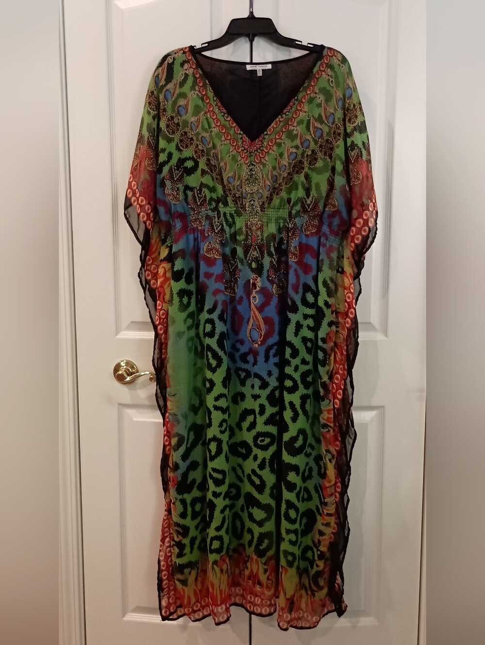 Vibrant Green Multicolor V-Neck Kaftan Dress
